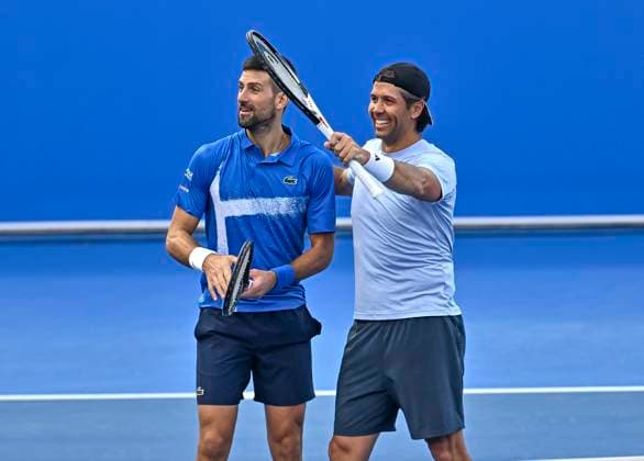 ATP, Tennis Herren QATAR EXXONMOBIL OPEN DOUBLES ROUND OF 16 Novak Djokovic (L) of Serbia and Fernando Verdasco of Spain celebrate after winning their doubles round of 16 match against Alexander Bublik of Kazakistan and Karen Khachanov of Russia at the ATP Qatar ExxonMobil Open 2025 tennis tournament at the Khalifa International Tennis Complex in Doha, Qatar, on February 17, 2025. DOHA Qatar Copyright: xNOUSHADx