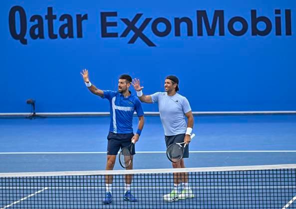Sport Bilder des Tages ATP, Tennis Herren QATAR EXXONMOBIL OPEN DOUBLES ROUND OF 16 Novak Djokovic (L) of Serbia and Fernando Verdasco of Spain celebrate after winning their doubles round of 16 match against Alexander Bublik of Kazakistan and Karen Khachanov of Russia at the ATP Qatar ExxonMobil Open 2025 tennis tournament at the Khalifa International Tennis Complex in Doha, Qatar, on February 17, 2025. DOHA Qatar Copyright: xNOUSHADx