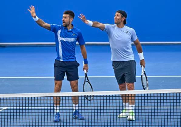 ATP, Tennis Herren QATAR EXXONMOBIL OPEN DOUBLES ROUND OF 16 Novak Djokovic (L) of Serbia and Fernando Verdasco of Spain celebrate after winning their doubles round of 16 match against Alexander Bublik of Kazakistan and Karen Khachanov of Russia at the ATP Qatar ExxonMobil Open 2025 tennis tournament at the Khalifa International Tennis Complex in Doha, Qatar, on February 17, 2025. DOHA Qatar Copyright: xNOUSHADx