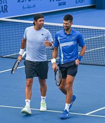 ATP, Tennis Herren QATAR EXXONMOBIL OPEN DOUBLES ROUND OF 16 Novak Djokovic (R) of Serbia and Fernando Verdasco of Spain react during their doubles round of 16 match against Alexander Bublik of Kazakistan and Karen Khachanov of Russia at the ATP Qatar ExxonMobil Open 2025 tennis tournament at the Khalifa International Tennis Complex in Doha, Qatar, on February 17, 2025. DOHA Qatar Copyright: xNOUSHADx