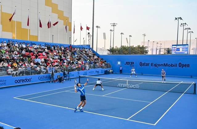 ATP, Tennis Herren QATAR EXXONMOBIL OPEN DOUBLES ROUND OF 16 Novak Djokovic (L) of Serbia and Fernando Verdasco of Spain competest during their doubles round of 16 match against Alexander Bublik of Kazakistan and Karen Khachanov of Russia at the ATP Qatar ExxonMobil Open 2025 tennis tournament at the Khalifa International Tennis Complex in Doha, Qatar, on February 17, 2025. DOHA Qatar Copyright: xNOUSHADx