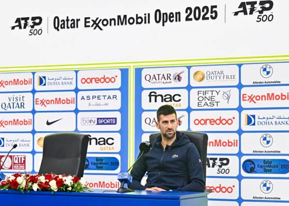 ATP, Tennis Herren QATAR EXXONMOBIL OPEN NOVAK DJOKOVIC press conference, PK, Pressekonferenz Novak Djokovic of Serbia attends a press conference ahead of the ATP Qatar ExxonMobil Open 2025 mens tennis tournament at the Khalifa International Tennis Complex in Doha, Qatar, on February 17, 2025. DOHA Qatar Copyright: xNOUSHADx
