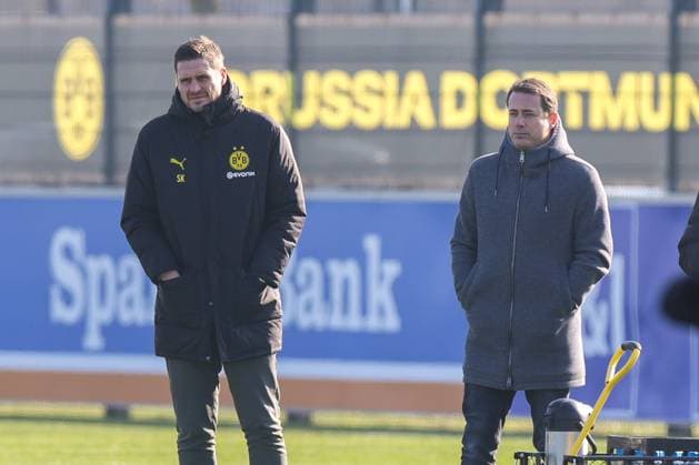 18 02 2025, Final training session for the UEFA Champions League match between Borussia Dortmund and Sporting Lisbon, from l Sports Director Sebastian Kehl Borussia Dortmund , Managing Director Sport Lars Ricken Borussia Dortmund , Dortmund Training ground Borussia Dortmund NRW Germany xRHR PHOTO DEx Copyright: DennisxEwert RHR-FOTOx RHR-FOTO DE
