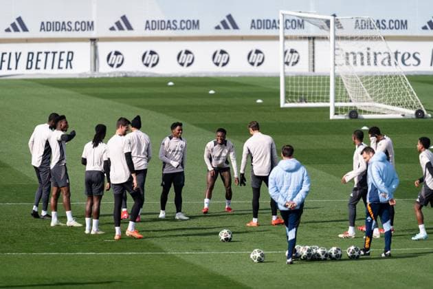 UEFA Champions League 2024 25 League Knockout Play-off Second Leg: Real Madrid Training Session and press conference, PK, Pressekonferenz Real Madrid players (from L to R) Antonio Rudiger, Aurelien Tchouameni, Eduardo Camavinga, Thibaut Courtois, Kylian Mbappe, Endrick Felipe Moreira de Sousa, Vinicius Junior seen training during the UEFA Champions League 2024 25 League Knockout Play-off Second Leg Training And Press Conference at Ciudad Real Madrid on February 18, 2025 in Madrid, Spain. Valdebebas Ciudad Real Madrid Madrid Spain Copyright: xAlbertoxGardinx AGardin_20250218_Real_Madrid_Training_Press_0145