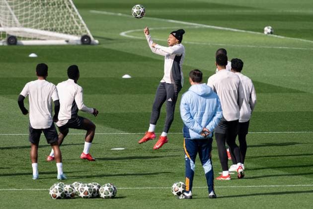 UEFA Champions League 2024 25 League Knockout Play-off Second Leg: Real Madrid Training Session and press conference, PK, Pressekonferenz Kylian Mbappe (C) of Real Madrid CF seen heading the ball during the UEFA Champions League 2024 25 League Knockout Play-off Second Leg Training And Press Conference at Ciudad Real Madrid on February 18, 2025 in Madrid, Spain. Valdebebas Ciudad Real Madrid Madrid Spain Copyright: xAlbertoxGardinx AGardin_20250218_Real_Madrid_Training_Press_0149