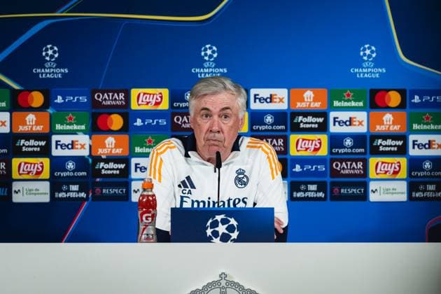 UEFA Champions League 2024 25 League Knockout Play-off Second Leg: Real Madrid Training Session and press conference, PK, Pressekonferenz Carlo Ancelotti, head coach of Real Madrid CF, seen speaking during the UEFA Champions League 2024 25 League Knockout Play-off Second Leg Training And Press Conference at Ciudad Real Madrid on February 18, 2025 in Madrid, Spain. Valdebebas Ciudad Real Madrid Madrid Spain Copyright: xAlbertoxGardinx AGardin_20250218_Real_Madrid_Training_Press_0271