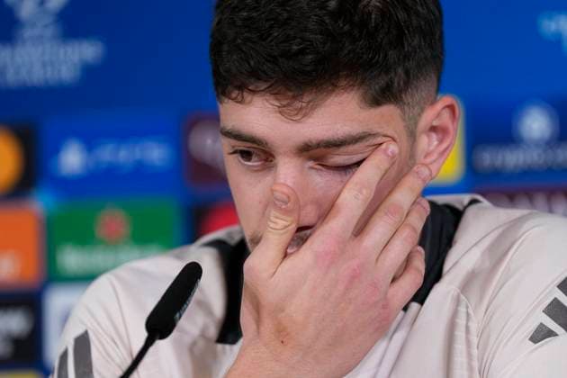 February 18, 2025, Valdebebas, Madrid, SPAIN: Federico Valverde attends his press conference, PK, Pressekonferenz during the training day of Real Madrid ahead the UEFA Champions League 2024 25 League Knockout Play-off second leg match against Manchester City at Ciudad Deportiva Real Madrid on February 18, 2024, in Valdebebas, Madrid, Spain. Valdebebas SPAIN - ZUMAa181 20250218_zaa_a181_031 Copyright: xOscarxJ.xBarrosox