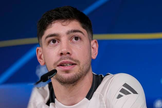 February 18, 2025, Valdebebas, Madrid, SPAIN: Federico Valverde attends his press conference, PK, Pressekonferenz during the training day of Real Madrid ahead the UEFA Champions League 2024 25 League Knockout Play-off second leg match against Manchester City at Ciudad Deportiva Real Madrid on February 18, 2024, in Valdebebas, Madrid, Spain. Valdebebas SPAIN - ZUMAa181 20250218_zaa_a181_032 Copyright: xOscarxJ.xBarrosox