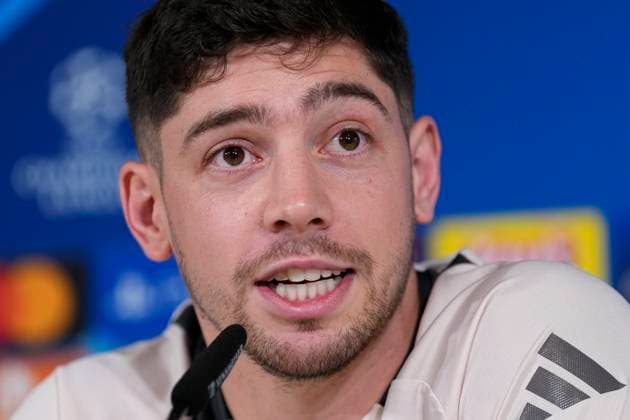 February 18, 2025, Valdebebas, Madrid, SPAIN: Federico Valverde attends his press conference, PK, Pressekonferenz during the training day of Real Madrid ahead the UEFA Champions League 2024 25 League Knockout Play-off second leg match against Manchester City at Ciudad Deportiva Real Madrid on February 18, 2024, in Valdebebas, Madrid, Spain. Valdebebas SPAIN - ZUMAa181 20250218_zaa_a181_036 Copyright: xOscarxJ.xBarrosox