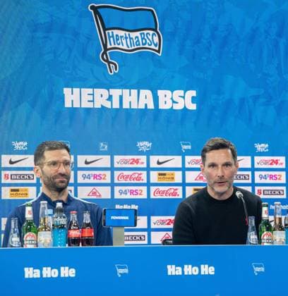 Soccer, Men, Season 2024 25, 2 Bundesliga, Hertha BSC, Press conference for the presentation of the new coach Stefan Leitl, in the picture from l Co coach Andre Mijatovic Hertha BSC , coach Stefan Leitl Hertha BSC , 18 02 2025, Copyright: xSebastianxRäppold MatthiasxKochx