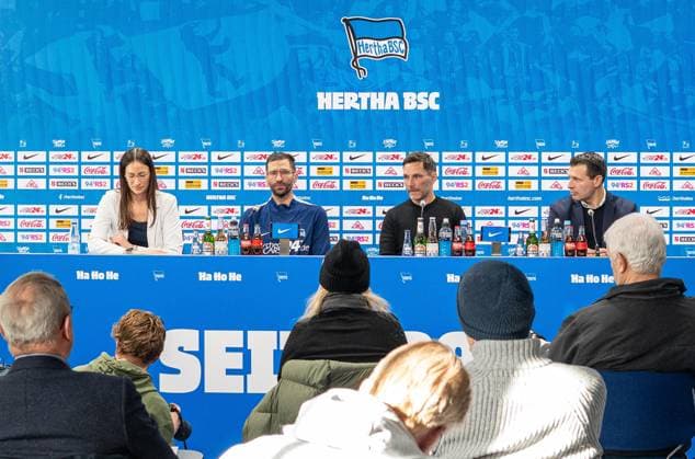 Football, Men, Season 2024 25, 2 Bundesliga, Hertha BSC, Press conference to introduce the new coach Stefan Leitl, in the picture from left press spokeswoman Vera Krings Hertha BSC , co-coach Andre Mijatovic Hertha BSC , coach Stefan Leitl Hertha BSC , sports director Benjamin Weber Hertha BSC , 18 02 2025, Copyright: xSebastianxRäppold MatthiasxKochx