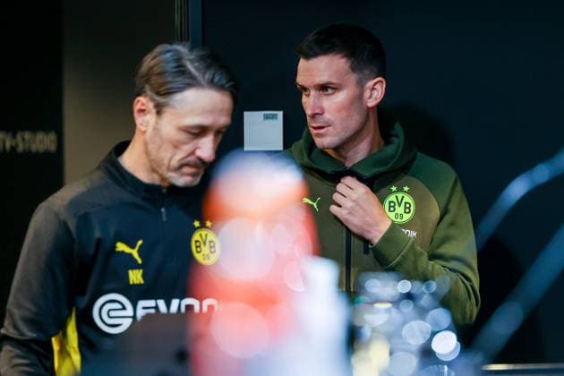18 02 2025, Press conference for the UEFA Champions League match between Borussia Dortmund and Sporting Lisbon, from left coach Niko Kovac Borussia Dortmund , Pascal Groß Borussia Dortmund enter the room, Dortmund Signal Iduna Park NRW Germany xRHR PHOTO DEx Copyright: DennisxEwert RHR-FOTOx RHR-FOTO DE