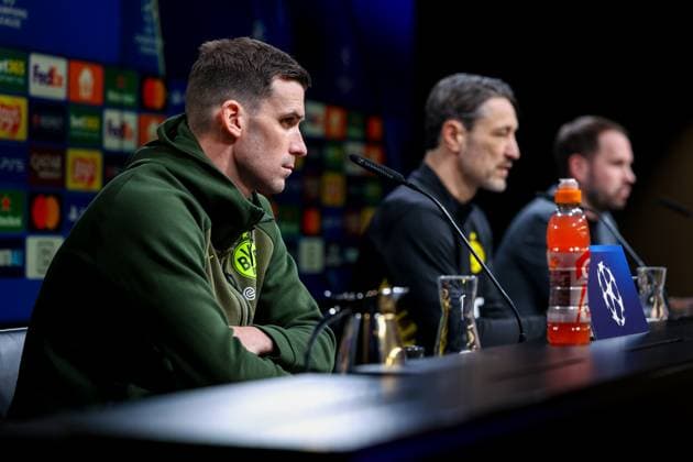 18 02 2025, Press conference for the UEFA Champions League match between Borussia Dortmund and Sporting Lisbon, f l Pascal Groß Borussia Dortmund , Coach Niko Kovac Borussia Dortmund , Press spokesman Sven Westerschulze Borussia Dortmund , Dortmund Signal Iduna Park NRW Germany xRHR PHOTO DEx Copyright: DennisxEwert RHR-FOTOx RHR-FOTO DE