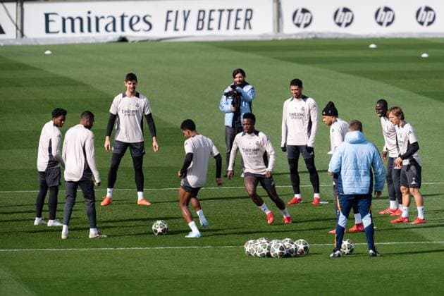 UEFA Champions League 2024 25 League Knockout Play-off Second Leg: Real Madrid Training Session and press conference, PK, Pressekonferenz Real Madrid players (from L to R) Endrick Felipe Moreira de Sousa, David Alaba, Thibaut Courtois, Rodrygo Silva de Goes, Vinicius Junior, Jude Bellingham, Kylian Mbappe, Ferland Mendy, Luka Modric seen training during the UEFA Champions League 2024 25 League Knockout Play-off Second Leg Training And Press Conference at Ciudad Real Madrid on February 18, 2025 in Madrid, Spain. Valdebebas Ciudad Real Madrid Madrid Spain Copyright: xAlbertoxGardinx AGardin_20250218_Real_Madrid_Training_Press_0321