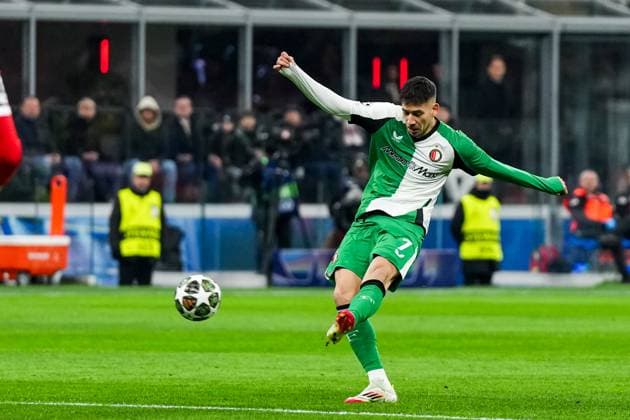 UEFA Champions League: AC Milan v Feyenoord Milan - Jakub Moder of Feyenoord during the 2nd leg of the knockout phase play-offs of new format of the Champions League 2024 2025. The match is set between AC Milan and Feyenoord at Giuseppe Meazza San Siro on 18 February 2025 in Milan, Italy. Copyright: xYannickxVerhoevenx