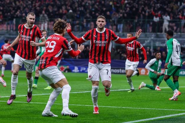 CALCIO - UEFA Champions League - AC Milan vs Feyernood Santiago Gimenez of AC Milan celebrates after scoring a goal during UEFA Champions League 2024 25 Knockout phase play-offs 2nd leg football match between AC Milan and Feyenoord Rotterdam at San Siro Stadium Milan Italy  Copyright: xIPAxSport ABACAx