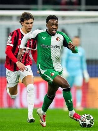 UEFA Champions League: AC Milan v Feyenoord Milan - Joao Felix of AC Milan, Antoni Milambo of Feyenoord during the 2nd leg of the knockout phase play-offs of new format of the Champions League 2024 2025. The match is set between AC Milan and Feyenoord at Giuseppe Meazza San Siro on 18 February 2025 in Milan, Italy. Copyright: xTomxBodex