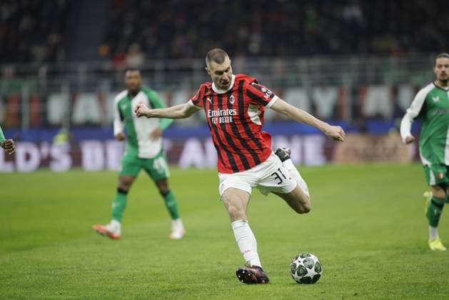 CALCIO - UEFA Champions League - AC Milan vs Feyernood Strahinja Pavlovic of AC Milan during The UEFA Champions League play offs. Second leg, football match between AC Milan and Feyenoord Rotterdam on 18 February 2025, at â??â??Giuseppe Meazza Stadiumâ??â??, Milan, Italy. Photo Nderim Kaceli. Milan Italy  Copyright: xIPAxSport ABACAx
