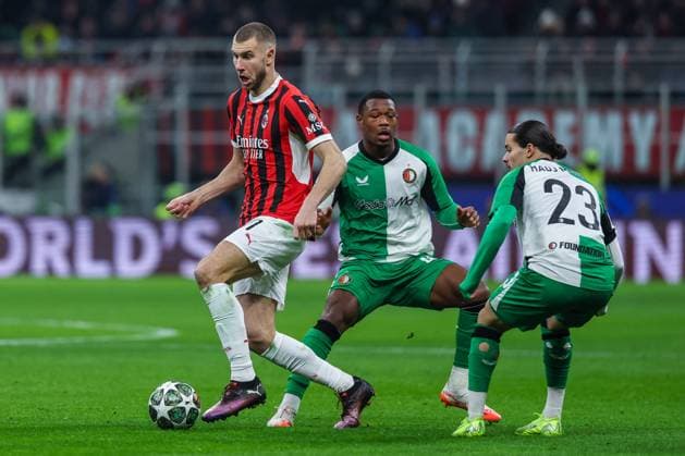 CALCIO - UEFA Champions League - AC Milan vs Feyernood Strahinja Pavlovic of AC Milan dseen in action uring UEFA Champions League 2024 25 Knockout phase play-offs 2nd leg football match between AC Milan and Feyenoord Rotterdam at San Siro Stadium Milan Italy  Copyright: xIPAxSport ABACAx