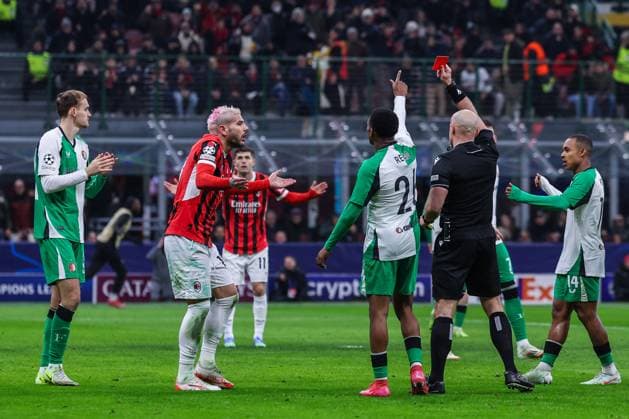 CALCIO - UEFA Champions League - AC Milan vs Feyernood Theo Hernandez of AC Milan red card during UEFA Champions League 2024 25 Knockout phase play-offs 2nd leg football match between AC Milan and Feyenoord Rotterdam at San Siro Stadium Milan Italy  Copyright: xIPAxSport ABACAx