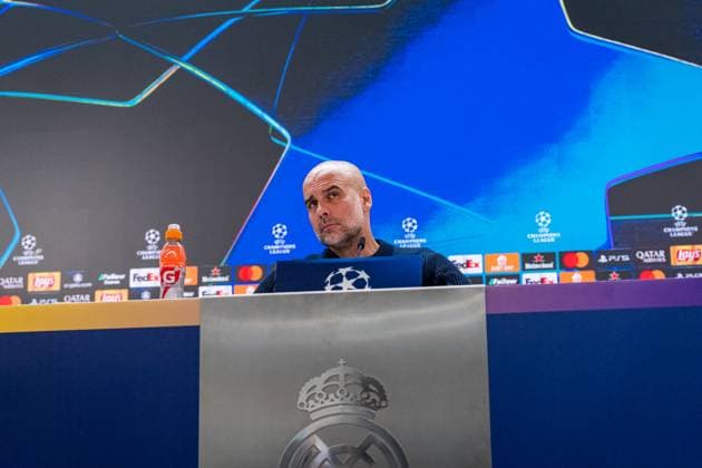 UEFA Champions League 2024 25 League Knockout Play-off Second Leg: Manchester City press conference, PK, Pressekonferenz Pep Guardiola, head coach of Manchester City FC, seen getting into the press room during the UEFA Champions League 2024 25 League Knockout Play-off Second Leg Press Conference at Estadio Santiago Bernabeu on February 18, 2025 in Madrid, Spain. Madrid Estadio Santiago Bernabeu Madrid Spain Copyright: xAlbertoxGardinx AGardin_20250218_Man_City_Press_0120
