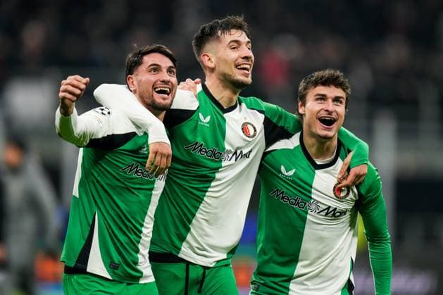 UEFA Champions League: AC Milan v Feyenoord Milan - Julian Carranza of Feyenoord, Jakub Moder of Feyenoord, Hugo Bueno of Feyenoord during the 2nd leg of the knockout phase play-offs of new format of the Champions League 2024 2025. The match is set between AC Milan and Feyenoord at Giuseppe Meazza San Siro on 18 February 2025 in Milan, Italy. Copyright: xYannickxVerhoevenx