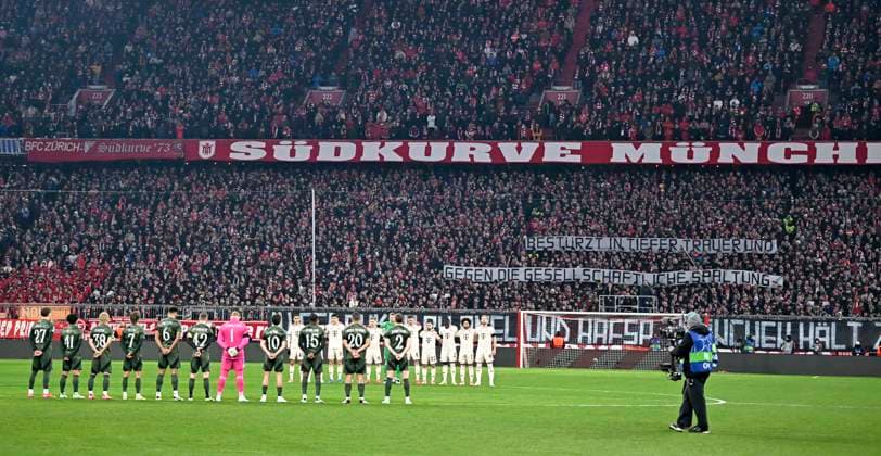18 02 2025, Football UEFA Championsleague 2024 2025 Play off second leg, FC Bayern Munich Celtic Glasgow, at the Allianz Arena Munich The Bayern fans commemorate the two victims of the attack in Munich DFL and DFB regulations prohibit any use of photographs as image sequences and or quasi video