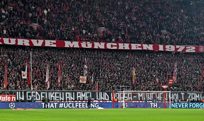 18 02 2025, Football UEFA Championsleague 2024 2025 Play off second leg, FC Bayern Munich Celtic Glasgow, at the Allianz Arena Munich The Bayern fans commemorate the two victims of the attack in Munich DFL and DFB regulations prohibit any use of photographs as image sequences and or quasi video