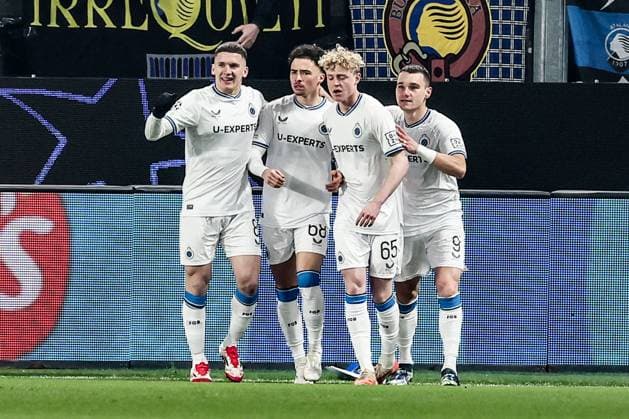 Club s Chemsdine Talbi celebrates during a soccer game between Italian Atalanta BC Bergamo and Belgian Club Brugge KV, on Tuesday 18 February 2025 in Bergamo, Italy, the return leg of the Knockout phase play-offs of the UEFA Champions League competition. BRUNOxFAHY  x112736197x