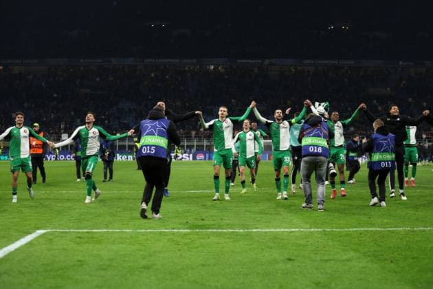 Players of Feyenoord celebrate after winning, UEFA Champions League 2024 25 League Knockout Play-off Second Leg, AC Milan v Feyenoord, Stadio Giuseppe Meazza (San Siro), February 18, 2025, Milan, Italy.