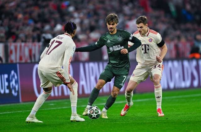 Jota Celtic FC , Josip Stanisic FC Bayern München and Michael Olise FC Bayern München battle for the ball during the UEFA Champions League 2024 25 League Knockout Play off Second Leg match between FC Bayern München and Celtic FC at Allianz Arena on February 18, 2025 in Munich, Germany Photo by Silas Schueller DeFodi Images Defodi 738 738 BAYCEL 20250218 150 Defodi-738