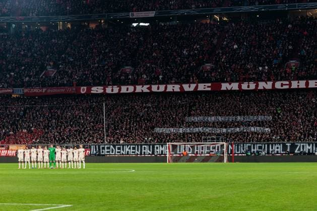 UEFA Champions League FC Bayern München Celtic FC 18 02 2025 Minutes silence for the victims of the attack in Munich Banner in the South Curve Dismayed, in deep mourning and against social division In memory of Amel and Hafsa Munich holds zam UEFA Champions League FC Bayern München Celtic FC, Munich, Allianz Arena on 17 02 2025 Copyright: xBEAUTIFULxSPORTS Wunderlx