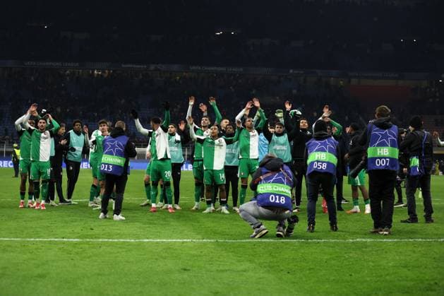 Players of Feyenoord celebrate after winning, UEFA Champions League 2024 25 League Knockout Play-off Second Leg, AC Milan v Feyenoord, Stadio Giuseppe Meazza (San Siro), February 18, 2025, Milan, Italy.