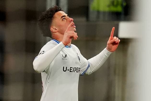 BruggeÕs Chemsdine Talbi celebrates after scoring 0-1 during the Uefa Champions League soccer match between Atalanta BC and Club Brugge at Gewiss Stadium in Bergamo, north Italy - Tuesday , February 18 , 2025. - Soccer .  Copyright: xSpada LaPressex