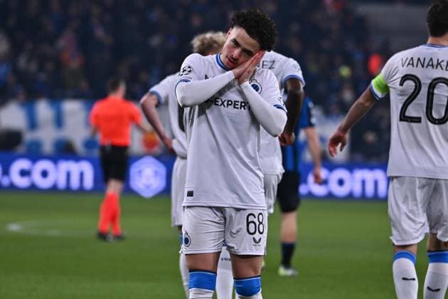 February 18, 2025, Bergamo, Italia: Brugge s Chemsdine Talbi celebrates after goal 0-1 during the UEFA Champions League knockout phase play-offs 2st leg match between Atalanta BC and Club Brugge KV at the Bergamo Stadium in Bergamo, Italy, 18 February 2025..ANSA MICHELE MARAVIGLIA Soccer: Champions League; Atalanta-Club Brugge  - ZUMAa110 20250218_zaf_a110_022 Copyright: xMichelexMaravigliax