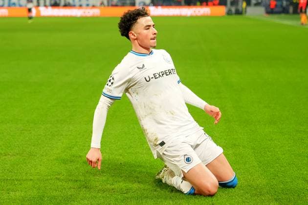 BruggeÕs Chemsdine Talbi celebrates after scoring 0-2 during the Uefa Champions League soccer match between Atalanta BC and Club Brugge at Gewiss Stadium in Bergamo, north Italy - Tuesday , February 18 , 2025. - Soccer .  Copyright: xSpada LaPressex