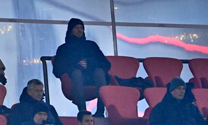 18 02 2025, Football UEFA Championsleague 2024 2025 Play off second leg, FC Bayern Munich Celtic Glasgow, in the Allianz Arena Munich Coach Julian Nagelsmann Germany in the VIP stand DFL and DFB regulations prohibit any use of photographs as image sequences and or quasi video