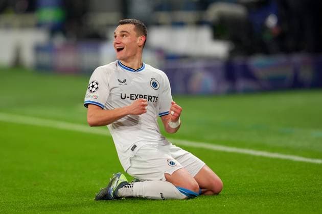 Brugge s Ferran Jutgla celebrates after scoring 0-3 during the Uefa Champions League soccer match between Atalanta BC and Club Brugge at Gewiss Stadium in Bergamo, north Italy - Tuesday , February 18 , 2025. - Soccer .  Copyright: xSpada LaPressex