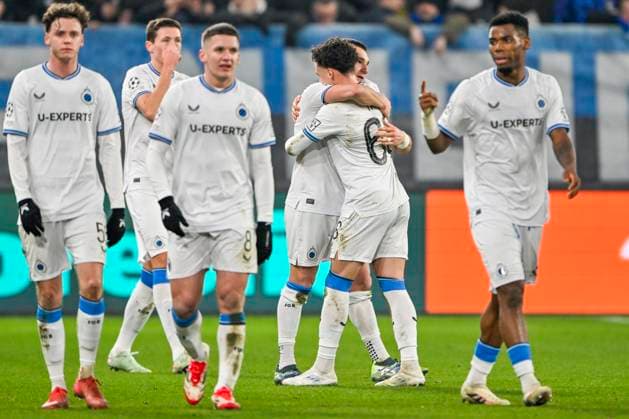 Atalanta v Club Brugge - UEFA Champions League BERGAMO, ITALY - FEBRUARY 18 : Jutgla Ferran forward of Club Brugge celebrates after scoring with Talbi Chemsdine midfielder of Club Brugge during the UEFA Champions League 2024 25 knockout phase play-off match second leg between Atalanta and Club Brugge on February 18, 2025 in Bergamo, Italy, 18 02 2025 Bergamo Italy  Copyright: xJanxDexMeuleneirx