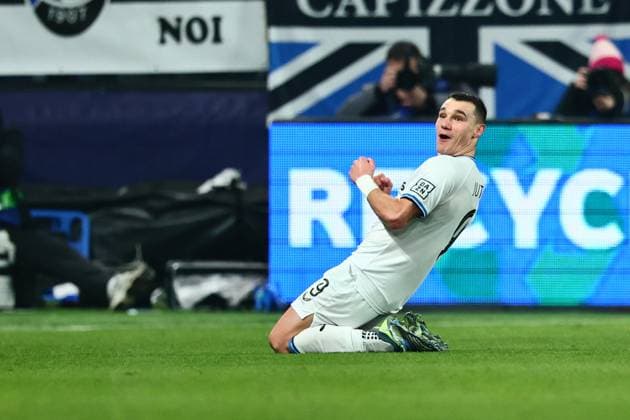 February 18, 2025, Bergamo, Italia: Brugge s Ferran Jutgla celebrates goal 0-3 during the UEFA Champions League knockout phase play-offs 2st leg match between Atalanta BC and Club Brugge KV at Bergamo Stadium in Bergamo, Italy, 18 February 2025..ANSA MICHELE MARAVIGLIA Soccer: Champions League; Atalanta-Club Brugge  - ZUMAa110 20250218_zaf_a110_029 Copyright: xMichelexMaravigliax