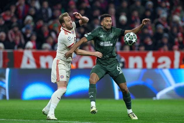 Soccer Champions League Play off FC Bayern Munich Celtic Glasgow on 18 02 2025 at the Allianz Arena in Munich Harry Kane Munich , left Auston Trusty Glasgow , right xMSx