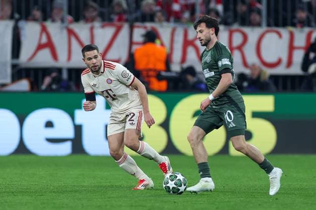 Soccer Champions League Play off FC Bayern Munich Celtic Glasgow on 18 02 2025 at the Allianz Arena in Munich Raphael Guerreiro Munich , left Nicolas Kühn Glasgow , right xMSx