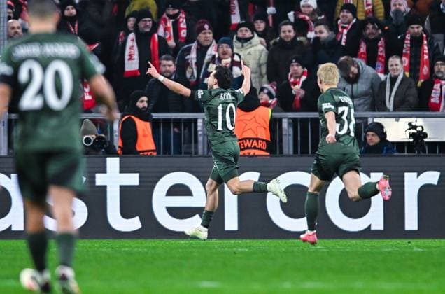 Nicolas Kuehn Celtic FC celebrates his goal during the UEFA Champions League 2024 25 League Knockout Play off Second Leg match between FC Bayern München and Celtic FC at Allianz Arena on February 18, 2025 in Munich, Germany Photo by Silas Schueller DeFodi Images Defodi 738 738 BAYCEL 20250218 227 Defodi-738