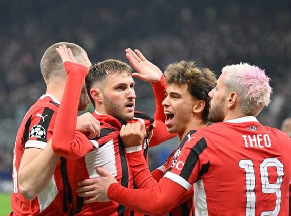 (250219) -- MILAN, Feb. 19, 2025 -- AC Milan s Santiago Gimenez (2nd L) celebrates his goal with his teammates during the UEFA Champions League knockout phase play-off second leg football match between AC Milan and Feyenoord in Milan, Italy, Feb. 18, 2025. (Photo by Xinhua) (SP)ITALY-MILAN-FOOTBALL-UEFA CHAMPIONS LEAGUE-AC MILAN VS FEYENOORD AlbertoxLingria 