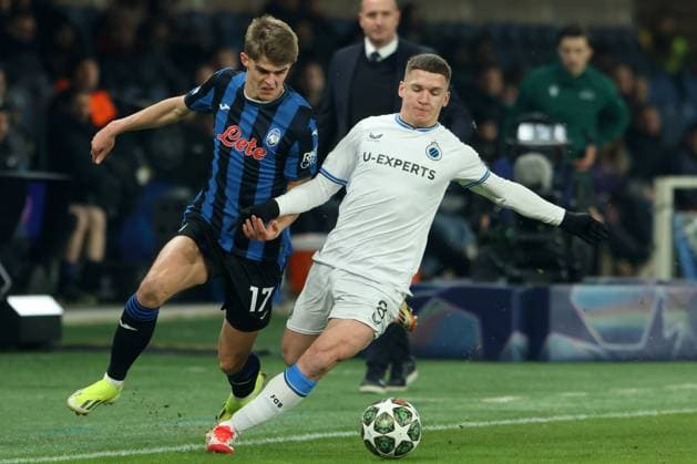 CHARLES DE KETELAERE, Atalanta, CHRISTOS TZOLIS, Brugge, Champions League, 2024-25, Atalanta vs Bruges 1-3, 18-02-2025, Contrasto, Action CHAMPIONS LEAGUE 2024-25 ATALANTA-BRUGGE 1-3