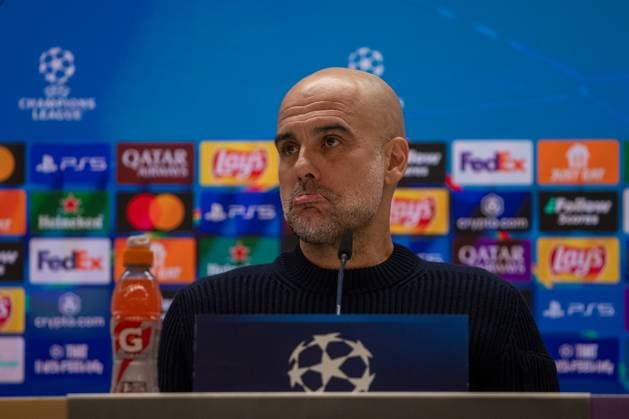 press conference, PK, Pressekonferenz on the eve of the UEFA Champions League match between Real Madrid and Manchester City in Madrid, Spain - 18 Feb 2025 Pep Guardiola, manager of the English football club, Manchester City during a press conference on the eve of the UEFA Champions League match between Real Madrid and Manchester City which will be played on Wednesday 19 February at the Santiago Bernabeu Stadium in Madrid. Madrid Spain Copyright: xDavidxCanalesx xSOPAxImagesx 0803555739st