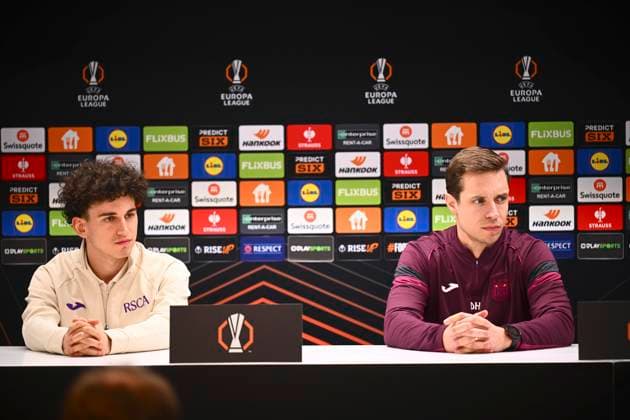 RSC Anderlecht v Fenerbahce - UEFA Europa League Media Activities 19 02 2025 ANDERLECHT, BELGIUM - FEBRUARY 19 : Leoni Theo midfielder of RSC Anderlecht, Hubert David head coach of RSC Anderlecht talking to the press during a press conference, PK, Pressekonferenz ahead of the UEFA Europa League 2024 25 knockout phase play-off match second leg between RSC Anderlecht and Fenerbahce on February 19, 2025 in Anderlecht, Belgium, 19 02 2025 Anderlecht Belgium  Copyright: xGvgx