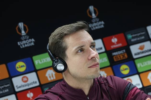 Anderlecht s head coach David Hubert pictured during a press conference, PK, Pressekonferenz of Belgian soccer team RSC Anderlecht, on Wednesday 19 February 2025 in Brussels. Tomorrow, the team is playing against Turkish Fenerbahce, in the return leg of the Knockout phase play-offs of the UEFA Europa League competition. VIRGINIExLEFOUR  x112767144x