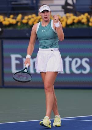 Mirra Andreeva makes a fist and cheers, cheers, joy, emotion, Dubai Duty Free Tennis Championships, Dubai, U A E Copyright: xJuergenxHasenkopfx