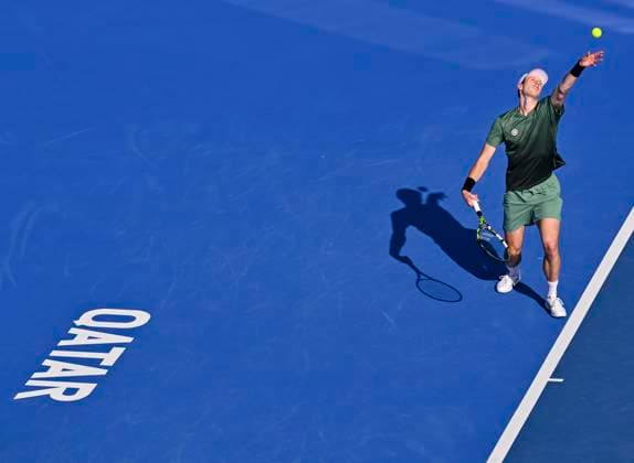 Sport Bilder des Tages ATP, Tennis Herren QATAR EXXONMOBIL OPEN ROUND OF 16 Botic Van De Zandschulp of Netherlands competes in her round of 16 match against Alex De Minaur of Australia during the ATP Qatar ExxonMobil Open 2025 tennis tournament at the Khalifa International Tennis Complex in Doha, Qatar, on February 19, 2025. DOHA Qatar Copyright: xNOUSHADx